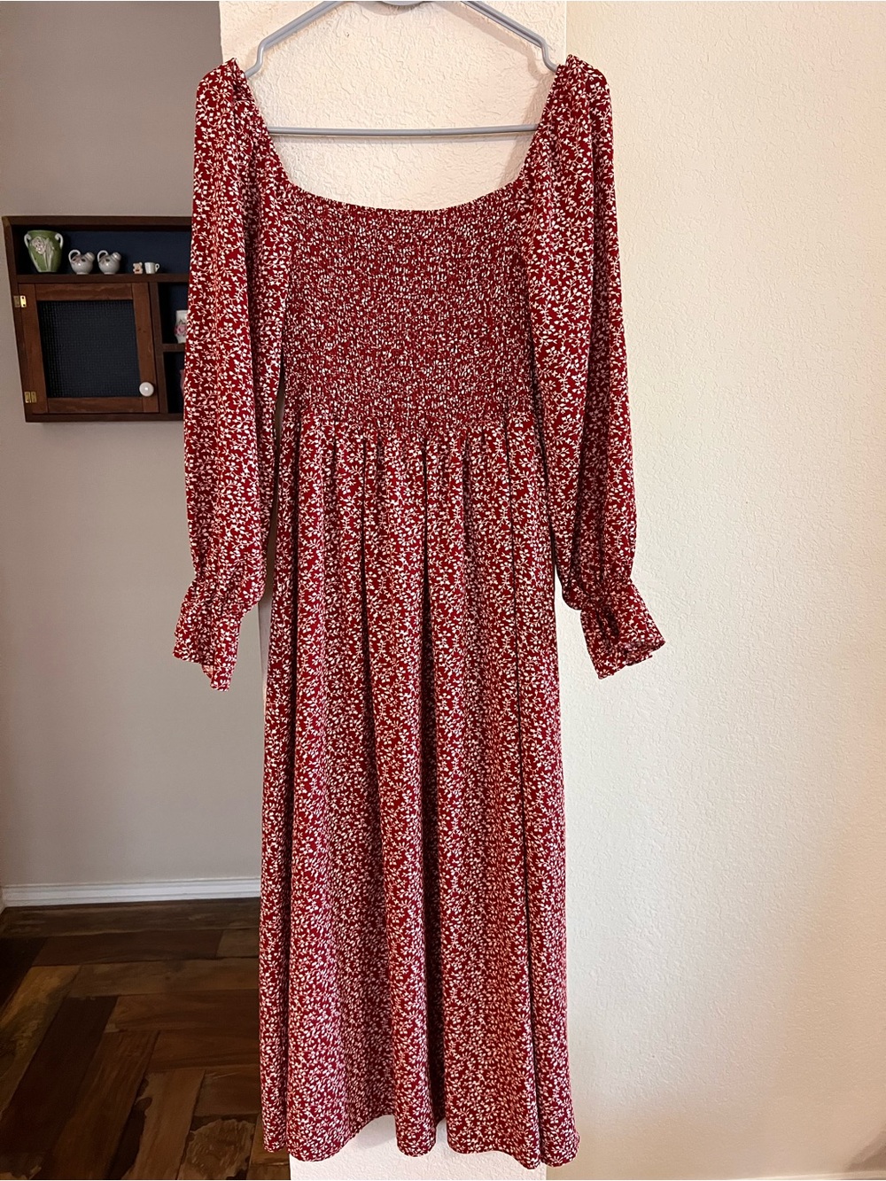 Red Floral Smocked Square-Neck Midi Dress